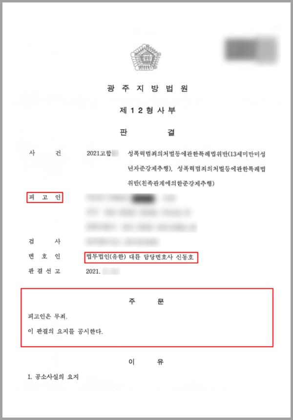 의뢰인은 B의 친부이고, B(13세미만의 나이)는 장애의 정도가 심한 지적장애인입니다.의뢰인은 어느 한 여름 새벽경 자신의 집에 귀가하여 방 안으로 들어가, 잠을 자고 있던 B의 옆에 누워 옷 위로 딸 B의 신체를 만졌습니다. 이에 친족 관계에 있는 13세 미만의 미성년자인 피해자의 항거불능 상태를 이용하여 B를 추행한 혐의를 받게 됩니다. 이러한 혐의를 받고 억울한 입장에서 처한 의뢰인은 자신의 무고를 도와달라며 저희 법무법인 대륜의 성범죄전문변호사에게 도움을 요청하셨습니다.