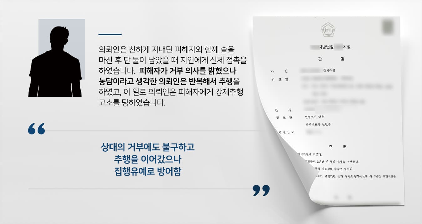 의뢰인은 같은 학교에 재학하며 연락을 이어온 피해자와 오랜 기간 연락을 주고받다가 둘만의 술자리를 갖게 되었습니다.식사를 마치고 나온 후 술기운이 가실 때까지 차 안에서 함께 이야기를 나오자는 제안에 흔쾌히 동의하였고, 차 안에서 이야기를 나누다가 스킨십을 하기도 하였습니다.피해자가 의뢰인을 저지하는 말과 행동을 하였으나, 술에 취해 판단력이 흐려진 의뢰인은 '강하게 거부하지 않은 걸 보면 상대방도 나에게 호감이 있다'라고 생각하여 수차례에 걸쳐 신체 접촉을 하였고, 이날에 있었던 문제로 고소를 당하게 되었습니다.피해자의 마음을 섬세하게 살피지 못하여 불쾌하게 만든 점에 대해서는 미안하게 생각하지만, 자신이 한 행동에 비해 과도한 내용으로 공소가 제기되어 해명할 필요성을 느낀 의뢰인은 형사전문변호사가 있는 법무법인 대륜을 찾아주셨습니다.
