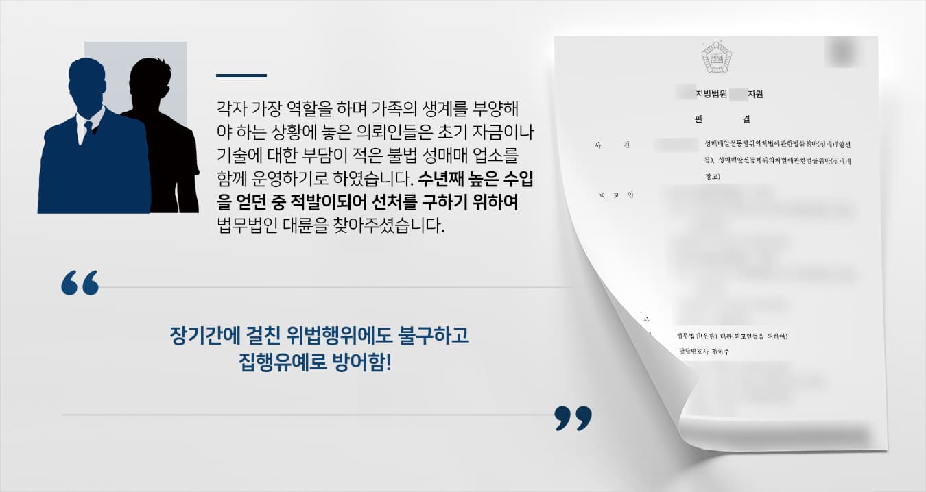 의뢰인들은 성매매 업소를 함께 운영하기로 공모하였습니다.의뢰인A는 업소 운영을 위한 초기 자금을 지원 후 의뢰인 B에게 운영 노하우를 전수하였습니다.의뢰인B는 성매매 알선 광고 사이트에 업소의 연락처나 대금 및 직원의 인적 사항 등을 기재하여 광고하였고, 광고를 본 성매수자들에게 예약을 받아 성매매대금을 수취 후 의뢰인A와 분배하였습니다.의뢰인들은 수년간 업소를 운영하며 불법적인 방식으로 수익을 얻다가 적발되었고, 장기간에 걸쳐 높은 영업수익이 있었기에 무거운 처벌이 예상되는 상황이었습니다.이에 의뢰인들은 형사전문변호사 · 검사출신변호사 등이 다수 있는 법무법인 대륜에 사건을 위임해주셨습니다.
