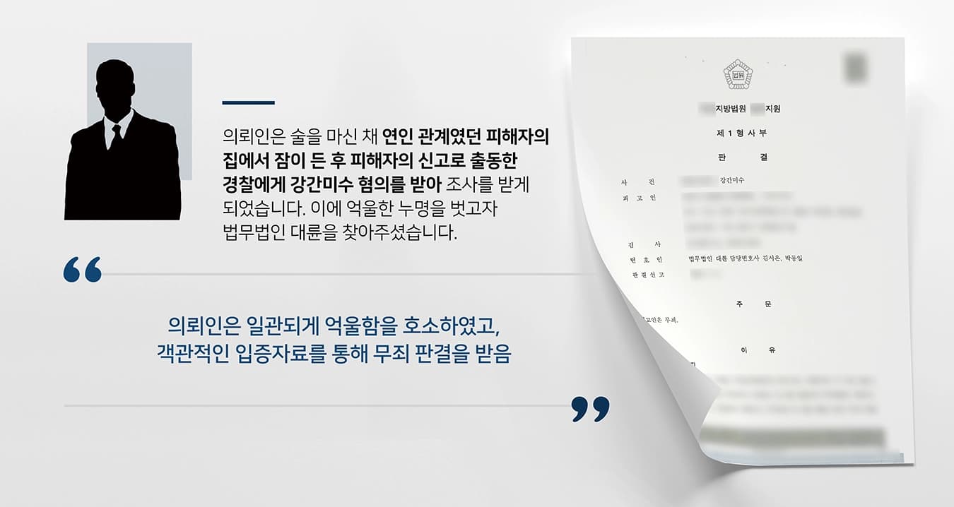 본 사건의 의뢰인은 피해자와 연인 관계로, 최근 돈 문제로 인해 갈등이 걷잡을 수 없이 커지고 있는 상황이었습니다.사건 당일, 잦은 싸움에 지친 의뢰인(피고인)은 이별을 고하고자 피해자의 집에 찾아갔고, 함께 술을 마신 후 잠이 들었습니다. 시간이 얼마나 지났을까. 초인종 소리에 놀라 일어나보니 피해자는 온데간데없고, 신고를 받고 출동한 경찰에게 강간미수 혐의로 조사를 받게 됩니다.의뢰인(피고인)이 연인 관계였던 피해자를 강간할 이유는 그 어디에도 없었기에 억울한 누명을 벗고자 법무법인 대륜을 찾아주셨습니다.