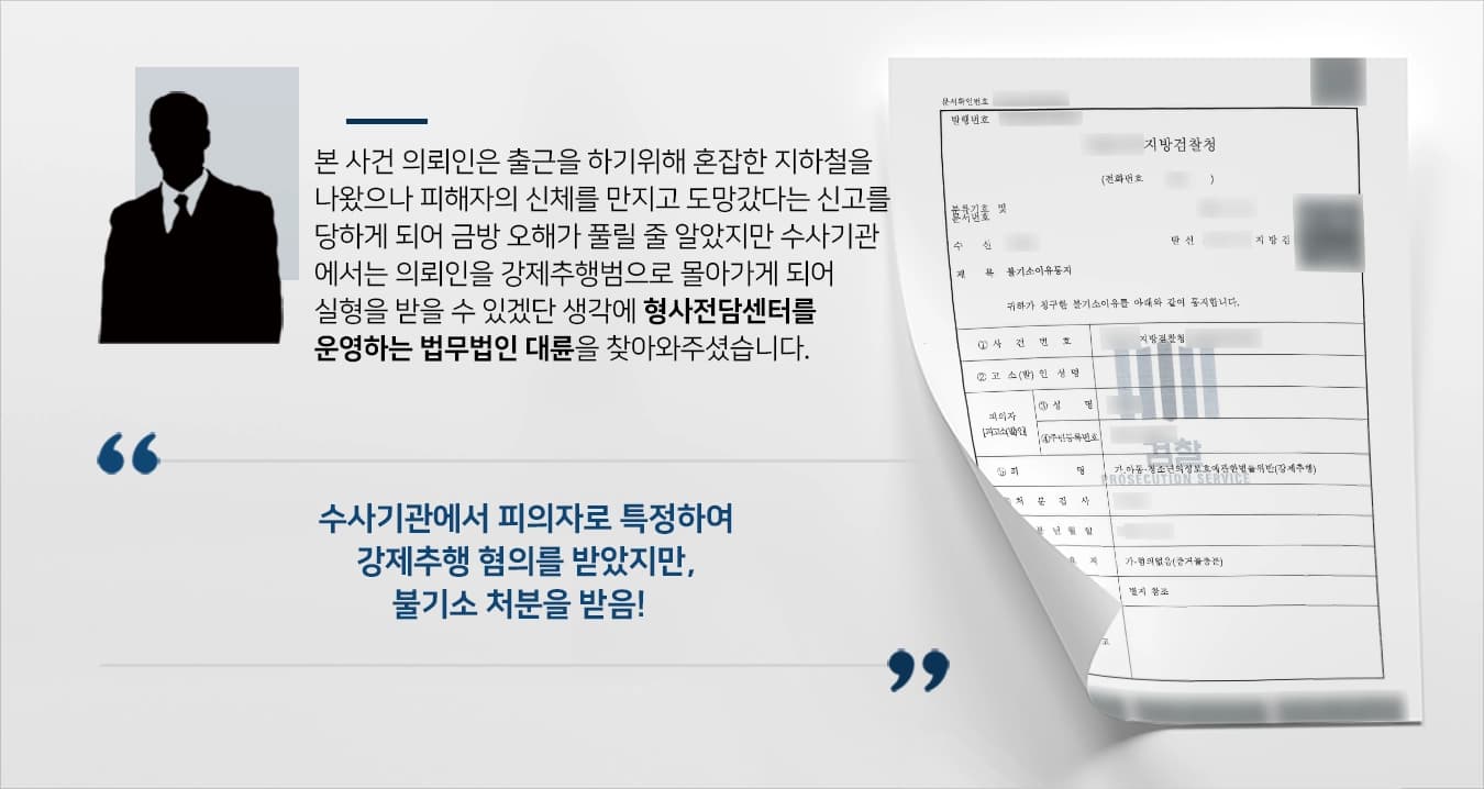 본 사건의 의뢰인은 출근길에 피해자의 신체를 만졌다는 혐의로 고소를 당하게 되었습니다.출근길에 급한 마음에 뛰어간 모습이 피의자로 특정되어 조사를 받게 되었고 의뢰인께서는 오해라고 생각을 하고 대수롭게 여겼습니다.하지만, 조사 과정에서 의뢰인을 강제추행범으로 몰아가며 수사를 진행했고 성범죄 특성 상 피해자의 진술로 유죄가 결정될 수 있다는 사실에 억울하게 실형을 받을 수 있겠단 생각이 들었습니다.의뢰인은 억울함을 풀기 위해 강제추행 사건에 대해 풍부한 경험이 있는 검사출신·성범죄전문변호사가 있는 법무법인 대륜을 찾아주셨습니다. 