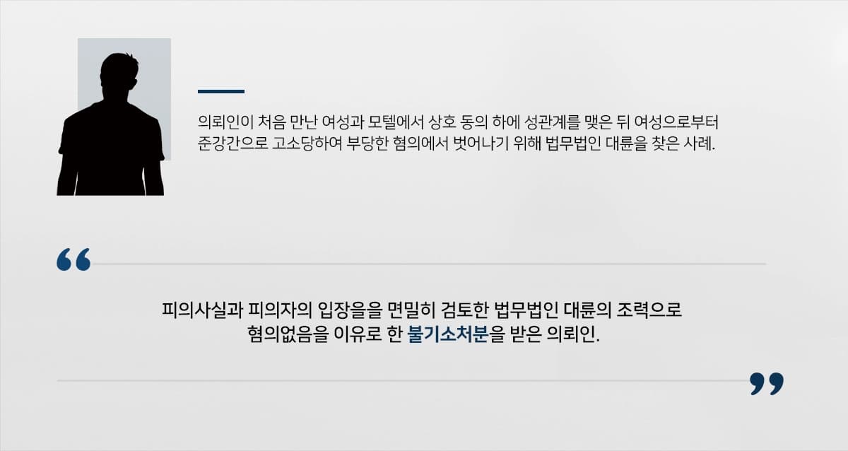 의뢰인과 상대방은 상호 합의 하에 성관계를 가졌으나, 돌연히 상대방이 당시 상황이 기억나지 않는다는 이유로 준강간죄로 고소한 사건.억울한 혐의를 받게 된 의뢰인은 답답한 마음을 안고 성범죄전문센터를 운영하고 있는 법무법인 대륜을 찾아주셨습니다.