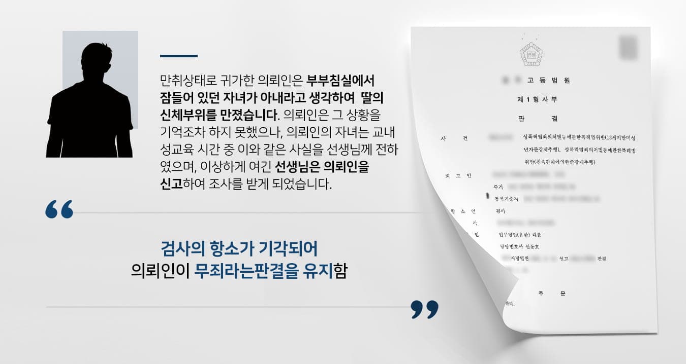 본 사건의 의뢰인은 술을 많이 마신 후 만취상태로 귀가한 날 부부침실에서 잠들어 있던 큰딸이 아내라고 착각하여 딸의 몸을 만졌습니다.자녀를 갖기 위해 장기간 노력했던 의뢰인은 평소 딸아이를 끔찍이 여겼기에 제정신이었다면 절대로 있을 리 없는 일이었지만, 만취 상태라 아무런 기억이 남아있지 않아서 아직도 사건 당일에 무슨 일이 있었는지 정확하게 알지 못하는 상황입니다.그러나 당시 잠에서 깬 의뢰인의 자녀는 학교에서 진행한 성교육 시간에 '이러한 행동을 하면 안 된다'라는 교사의 가르침에 '아버지가 나에게 저런 행동을 했었다'라고 얘기했으며, 이상함을 느낀 교사는 의뢰인을 신고하였습니다.조사를 받게 된 의뢰인은 딸의 증언을 통해 그 사실을 인지하고 딸에게 너무나 미안해하며 스스로를 자책하였습니다.그러나 의뢰인은 절대로 딸에게 성적인 의도를 가지고 고의로 행한 행위가 아니었으며, 자신이 실형을 선고받게 되면 어린 딸과 연로한 부모님의 생계가 보호받지 못하기에 오해를 풀 수 있도록 법무법인 대륜을 찾아주셨다고 합니다.대륜과 함께 한 원심에서 무죄 판결을 받았지만, 검사 측으로부터 양형부당으로 인한 항소심 청구를 받게 되어 2심도 성범죄·형사전문변호사가 있는 저희에게 맡겨주셨습니다.