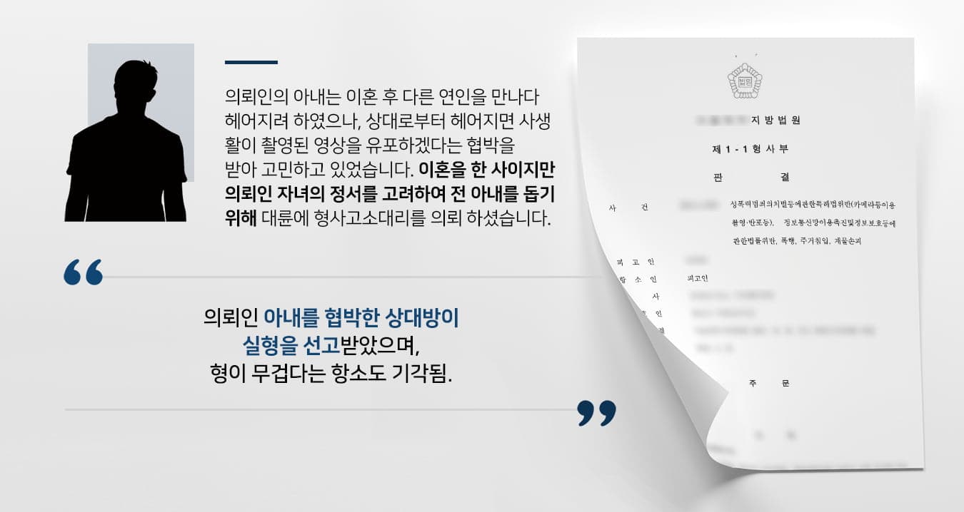 본 사건의 의뢰인에게는 이혼한 아내가 있으며, 아내는 자녀들의 양육권자입니다.아내가 이혼 후 교제하던 연인과 헤어지는 과정에서 상대측은 이별을 거부하며 몰래 촬영한 사생활 영상을 배포하겠다는식의 협박을 하였으며, 때로는 아내의 집에 찾아가 물건을 부수고 폭행을 가하였습니다.비록 이혼을 한 사이지만, 폭력적인 상대방으로 인해 아이들에게도 나쁜 영향이 갈 것 같아 걱정이 된 의뢰인께서는 아내분을 돕기 위해서 법무법인 대륜을 찾아주셨습니다.