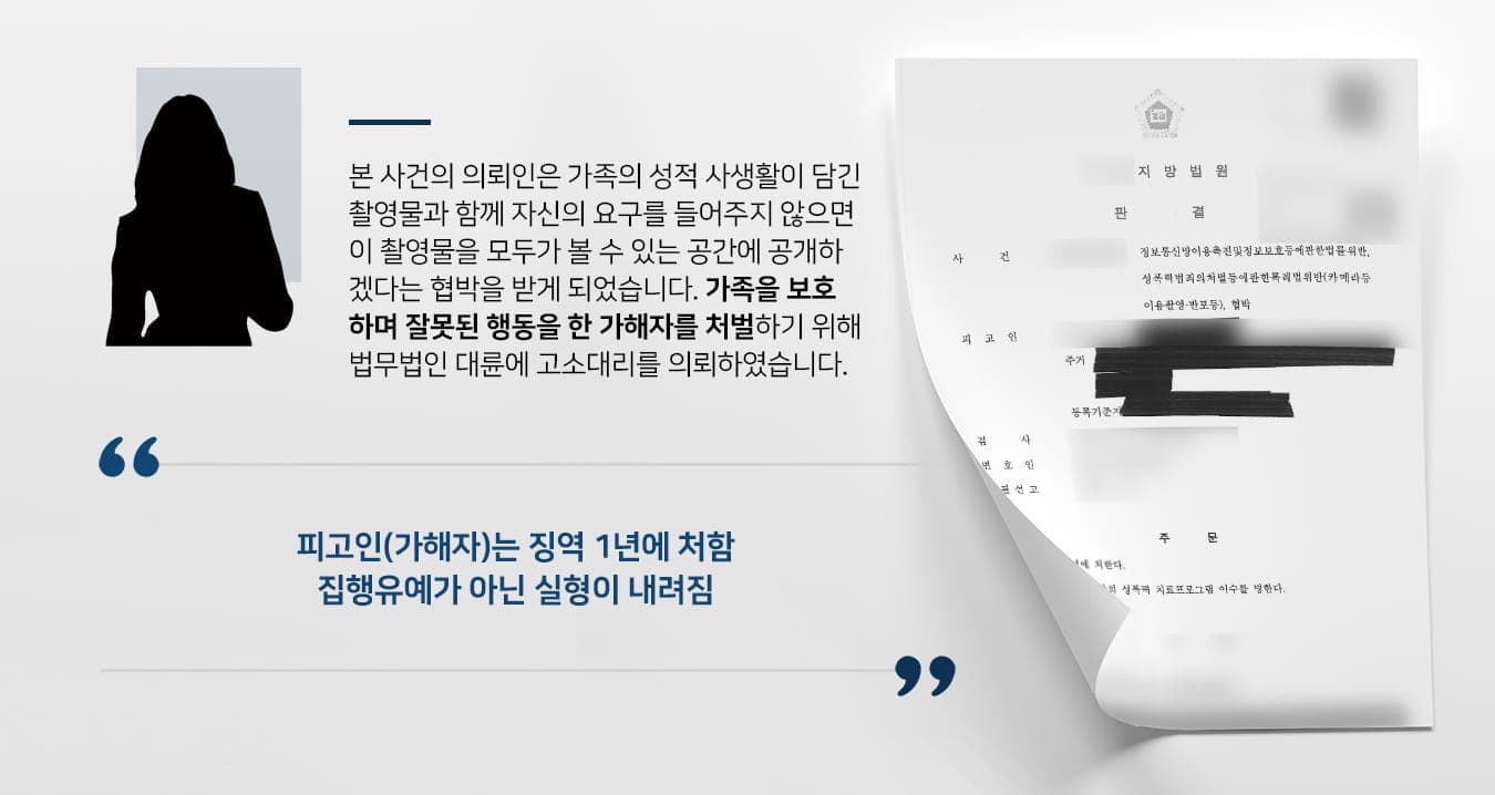 본 사건의 의뢰인은 가족의 성적 사생활이 담긴 촬영물과 함께 협박이 담긴 메시지를 받았습니다.의뢰인을 비롯한 의뢰인 가족 전원이 위와 같은 내용의 메시지를 받아서 가족 모두가 크나큰 정신적 피해를 입게 되었습니다.자신의 요구사항을 나열한 후 이에 응하지 않을 경우 해당 촬영물들을 세간에 공개하겠다는 내용의 메시지를 읽고 의뢰인 가족은 어찌할 바를 모른 채 어려운 시간을 겪었습니다.의뢰인은 고민 끝에 검사출신변호사를 비롯하여 몰카 피해나 협박 등 성범죄 사건을 많이 다뤄본 변호사들이 있는 법무법인 대륜을 찾아주셨고, 형사고소를 위임하여 가해자가 처벌을 받도록 대응하기로 하였습니다.