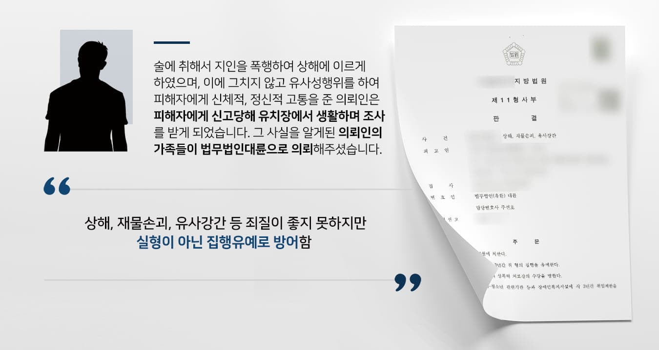 본 사건의 의뢰인은 지인의 집에서 술을 함께 마시다 평소 주량을 넘긴 만취 상태가 되었습니다.피해자가 성관계를 거부하자 피해자를 폭행하여 상해에 이르게 하였으며, 그 과정에서 피해자의 집에 있던 물건들을 부수기도 하였습니다.반복해서 피해자를 폭행하며 강압적인 유사 성행위를 이어간 의뢰인은 피해자의 신고로 경찰 조사를 받게 되었으며, 경찰서에 유치되었습니다.위 사실을 알게 된 의뢰인의 가족은 성범죄전문변호사·형사전문변호사가 있는 법무법인 대륜을 다급히 찾아주셨습니다.