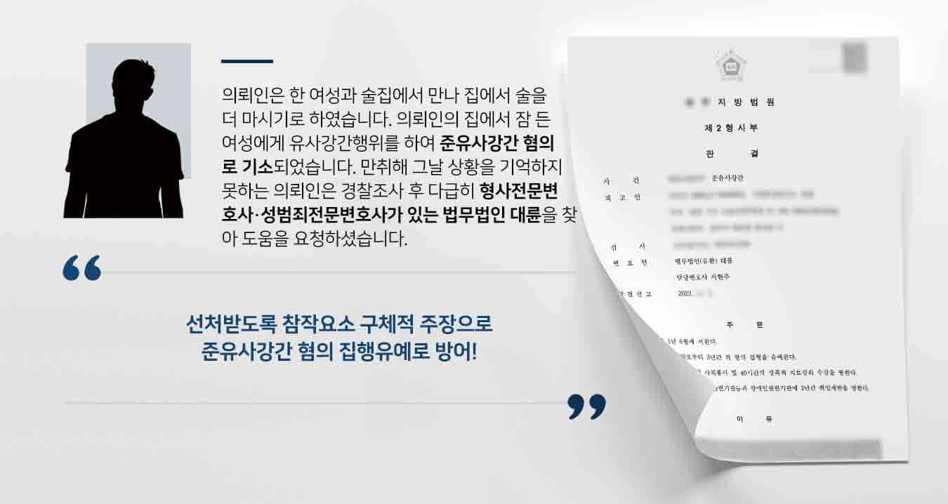 의뢰인은 한 여성과 술집에서 만나 집에서 술을 더 마시기로 하였습니다. 의뢰인의 집에서 잠 든 여성에게 유사강간행위를 하여 준유사강간 혐의로 기소되었습니다. 만취해 그날 상황을 기억하지 못하는 의뢰인은 경찰조사 후 다급히 형사전문변호사·성범죄전문변호사가 있는 법무법인 대륜을 찾아 도움을 요청하셨습니다.