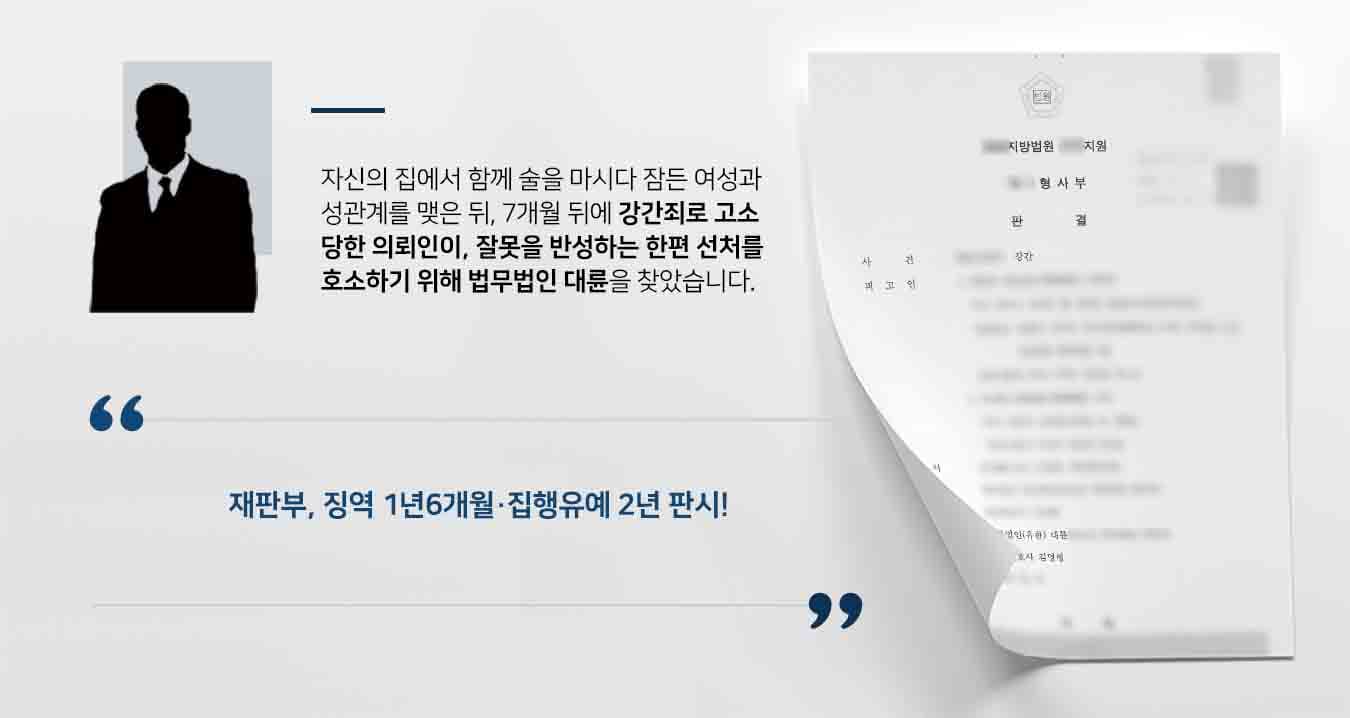 ## 잠든 피해여성에게 행사한 강간죄 의뢰인인 피고인2은 자신의 집에서 술에 취해 피고인1과 잠들었던 피해여성이, 피고인1을 피해 피고인2의 방으로 오자 피해여성과 성관계를 하였습니다. 이후 7개월 뒤 강간죄로 기소당한 의뢰인은 잘못을 뉘우치고 선처를 구하기 위해 법무법인 대륜의 형사전문변호사를 찾았습니다.   ## 강간죄, 선처 구하기 위한 노력 법무법인 대륜은 의뢰인과의 면밀한 법률상담을 거쳐 3인 이상의 형사전문변호사팀을 구성하였습니다. 강간죄 등 사건처리 경험이 풍부한 형사전문변호사팀은 의뢰인이 바라는 대로 다음과 같은 변론을 준비하며 조력하였습니다.  ■ 피고인들이 범행을 인정하고 잘못을 반성하고 있으며, 피해자와 합의 끝에 처벌불원의 의사를 받은 점 ■ 술을 마신 후 우발적, 충동적으로 범행에 이르게 된 점 ■ 피고인들이 형사처벌 전력이 없는 초범이라는 점  ## 양형조건 고려하여 강간죄 집행유예 판결 법무법인 대륜의 조력으로, 재판부는 "피고인들을 각 징역 1년 6개월에 처하나, 이 판결 확정일로부터 2년간 형의 집행을 유예한다"라고 판시하였습니다.   만약 강간죄 등 위 사례와 비슷한 상황으로 곤란을 겪고 계시다면 언제든 법무법인 대륜으로 의뢰해 주시길 바랍니다.  △형법 제297조(강간) 폭행 또는 협박으로 사람을 강간한 자는 3년 이상의 유기징역에 처한다.  법무법인 대륜은 법률전문가 3인 이상으로 전담팀을 구성해 전문성을 극대화하며, 해결사례를 토대로 구축한 대륜만의 소송시스템으로 의뢰하신 사건을 성공으로 이끌어 오고 있습니다.   본 소송과 관련하여 법률조력이 필요하시다면 법무법인 대륜과 함께 준비하시길 바랍니다.