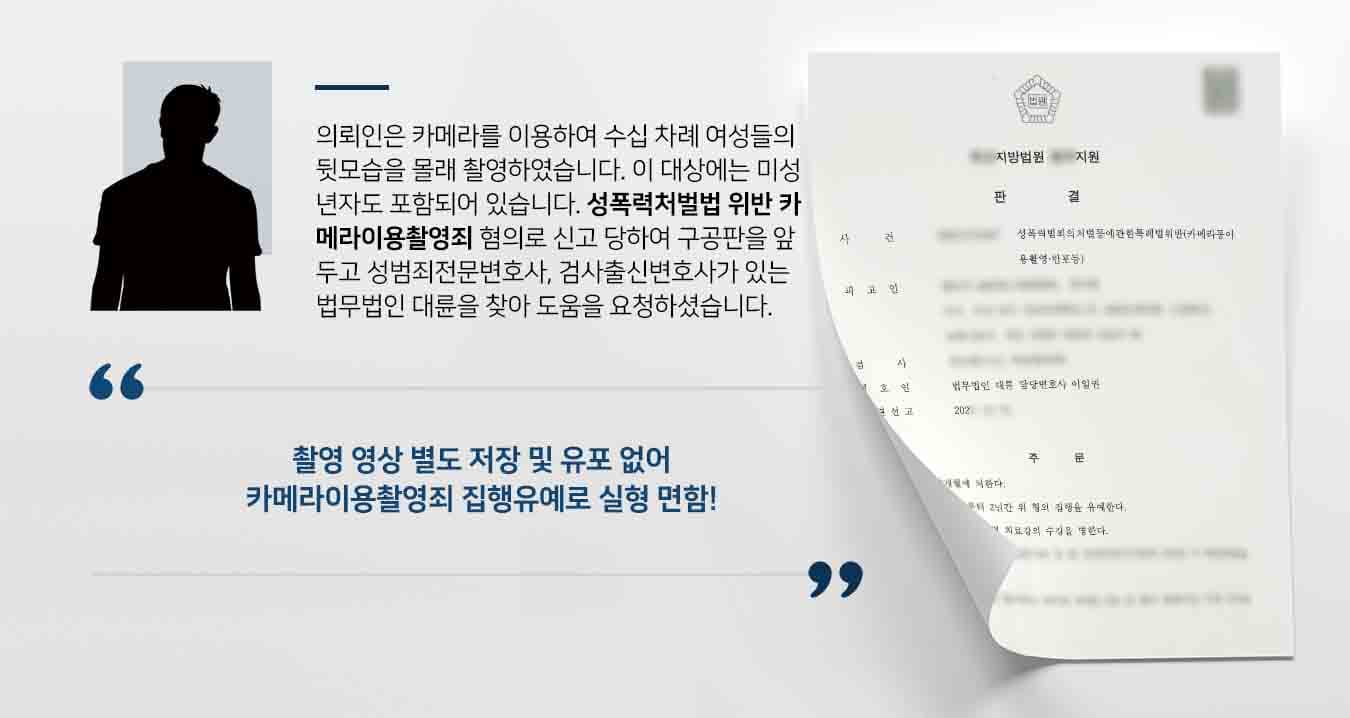 의뢰인은 카메라를 이용하여 수십 차례 여성들의 뒷모습을 몰래 촬영하였습니다. 이 대상에는 미성년자도 포함되어 있습니다. 성폭력처벌법 위반 카메라이용촬영죄 혐의로 신고 당하여 구공판을 앞두고 성범죄전문변호사, 검사출신변호사가 있는 법무법인 대륜을 찾아 도움을 요청하셨습니다.