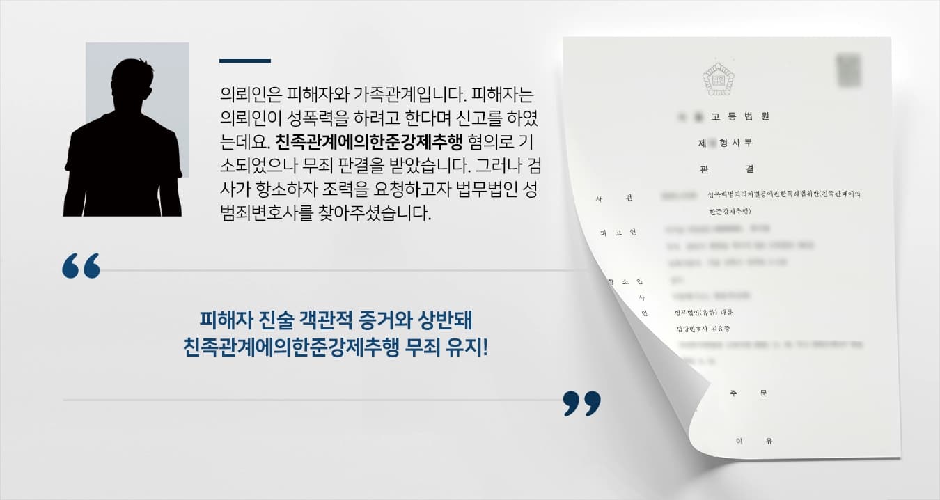 의뢰인은 피해자와 가족관계입니다. 피해자는 의뢰인이 성폭력을 하려고 한다며 신고를 하였는데요. 친족관계에의한준강제추행 혐의로 기소되었으나 무죄 판결을 받았습니다. 그러나 검사가 항소하자 조력을 요청하고자 법무법인 성범죄변호사를 찾아주셨습니다. 