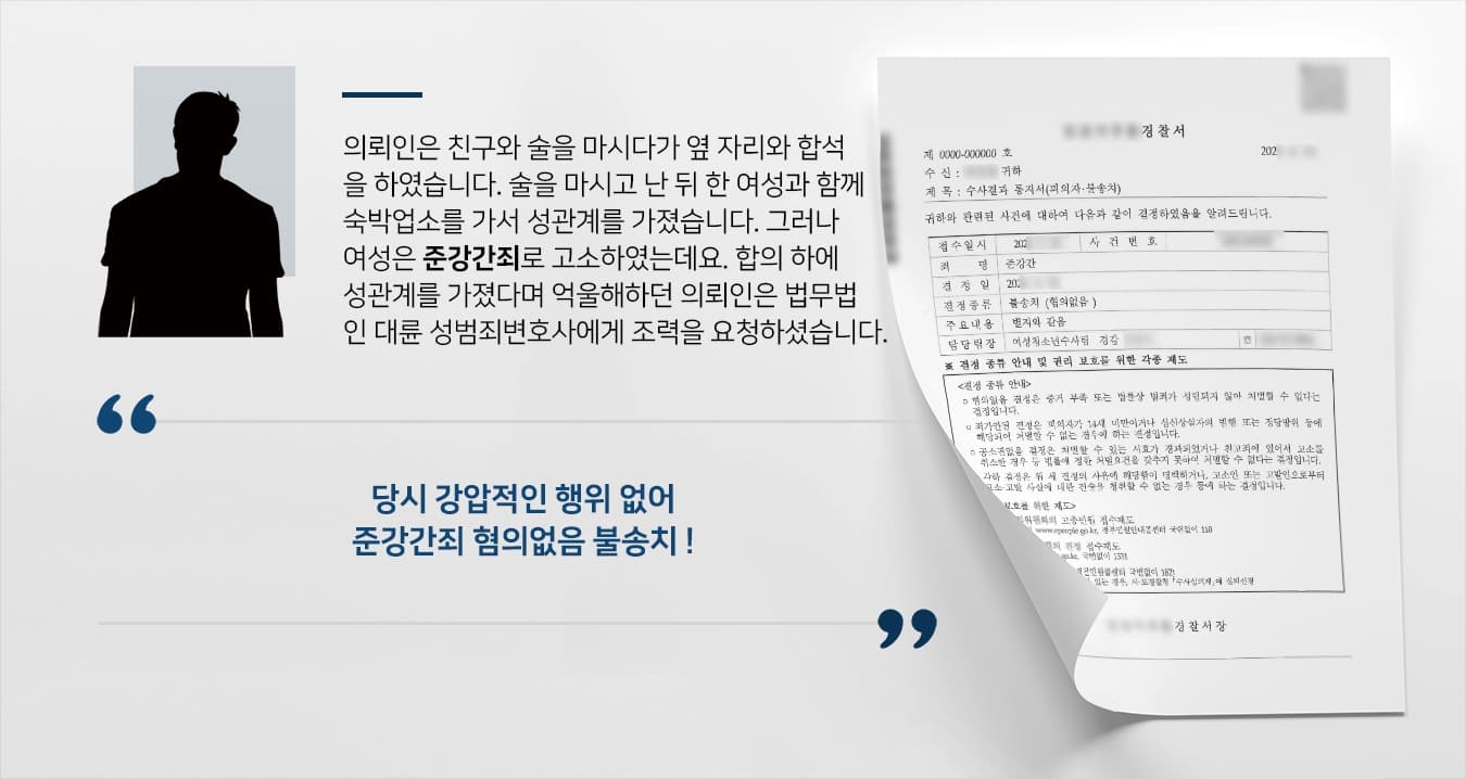 의뢰인은 친구와 술을 마시다가 옆 자리와 합석을 하였습니다. 술을 마시고 난 뒤 한 여성과 함께 숙박업소를 가서 성관계를 가졌습니다. 그러나 여성은 준강간죄로 고소하였는데요. 합의 하에 성관계를 가졌다며 억울해하던 의뢰인은 법무법인 대륜 성범죄전문변호사에게 조력을 요청하셨습니다. 