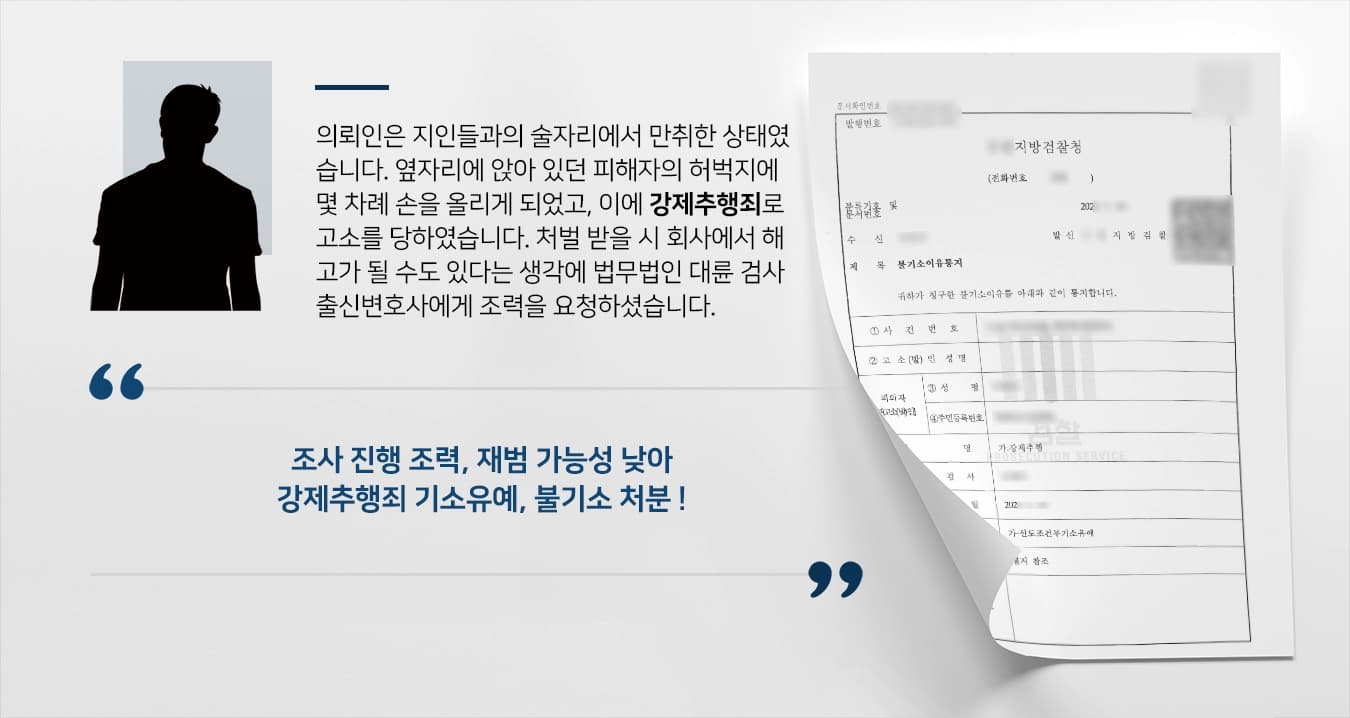 의뢰인은 지인들과의 술자리에서 만취한 상태였습니다. 옆자리에 앉아 있던 피해자의 허벅지에 몇 차례 손을 올리게 되었고, 이에 강제추행죄로 고소를 당하였습니다. 처벌 받을 시 회사에서 해고가 될 수도 있다는 생각에 법무법인 대륜 검사출신변호사에게 조력을 요청하셨습니다.