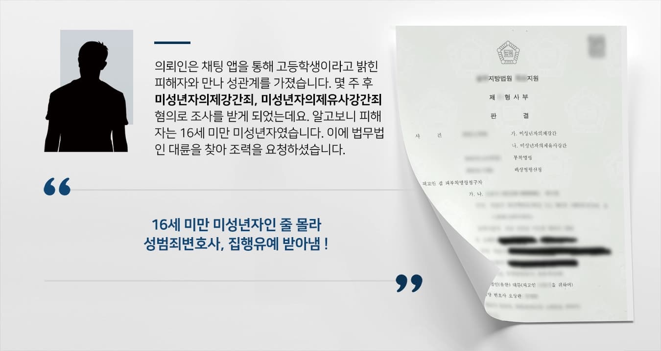 의뢰인은 채팅 앱을 통해 고등학생이라고 밝힌 피해자와 만나 성관계를 가졌습니다. 몇 주 후 미성년자의제강간죄, 미성년자의제유사강간죄 혐의로 조사를 받게 되었는데요. 알고보니 피해자는 13세 이상 16세 미만 미성년자였습니다. 이에 법무법인 대륜을 찾아 조력을 요청하셨습니다. 