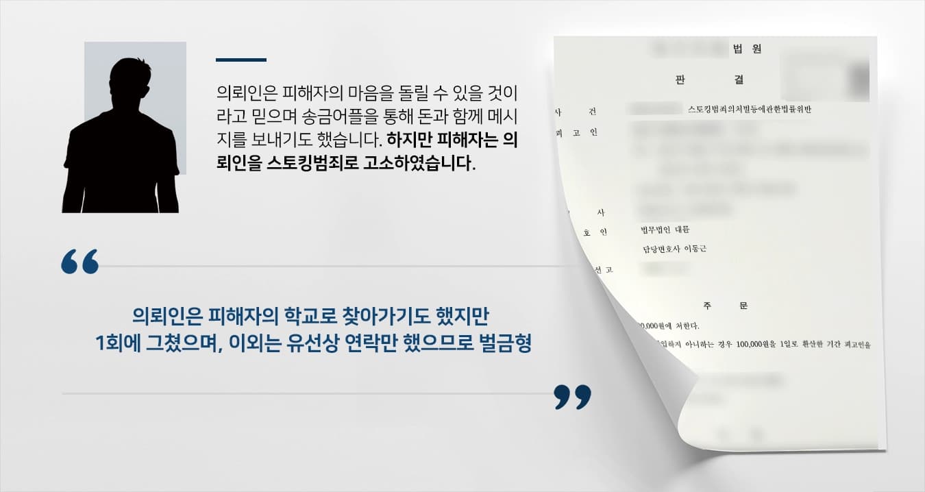 [스토킹전문변호사 처벌방어] 스토킹처벌법으로 인한 처벌위기의 의뢰인, 80만원 벌금형 받아냄 