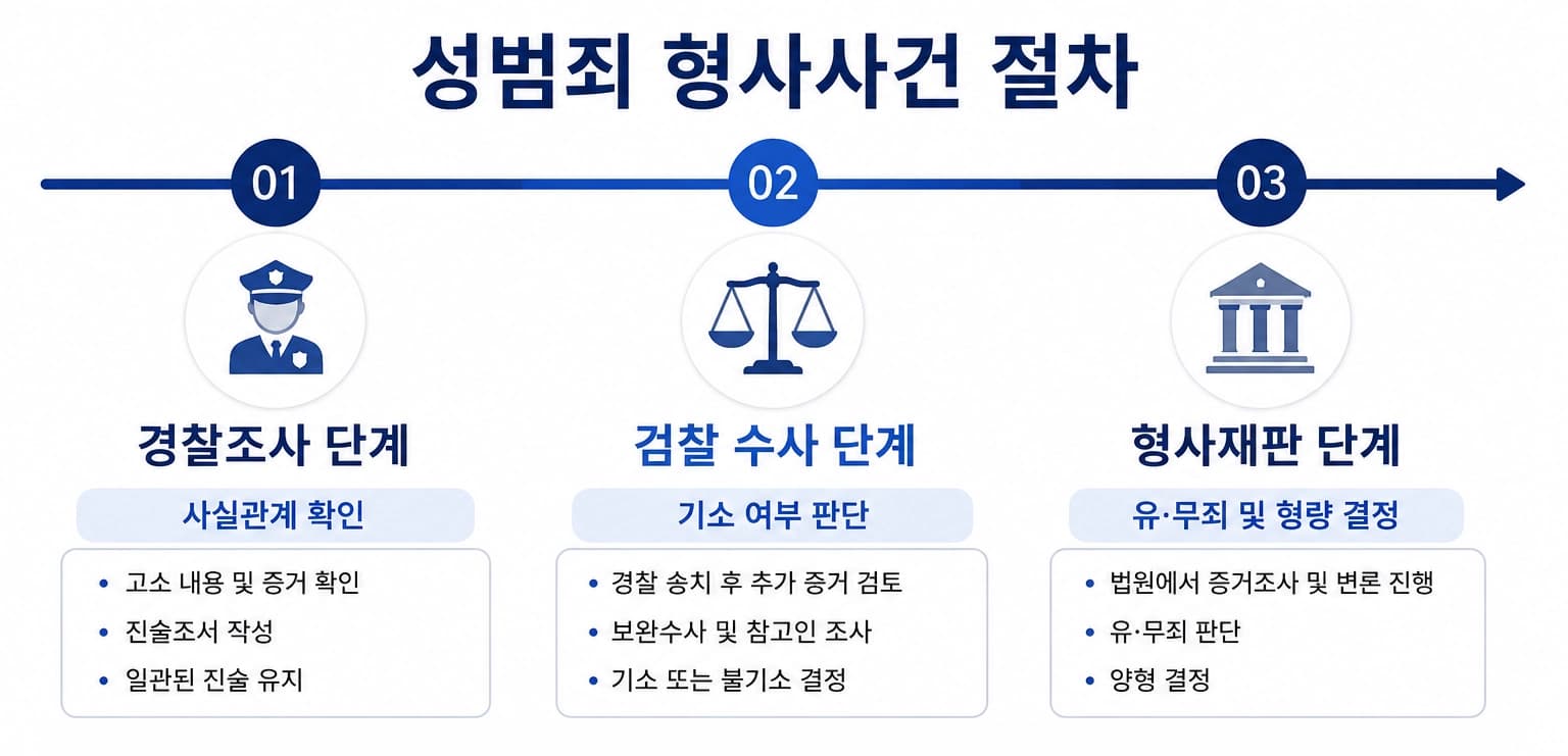 성범죄 사건 발생 시 대응 절차와 준비사항을 정리한 안내 이미지입니다.